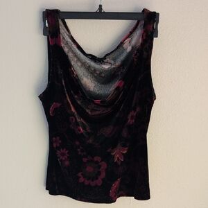 My Michelle Black Velour Cowl Neck Tank with Wine Floral Accents